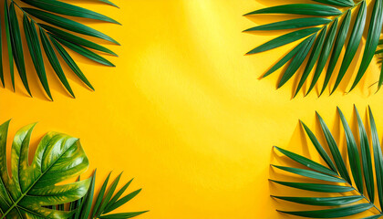 Tropical palm leaf on yellow background. Summer concept. Flat lay, top view, copy space
1