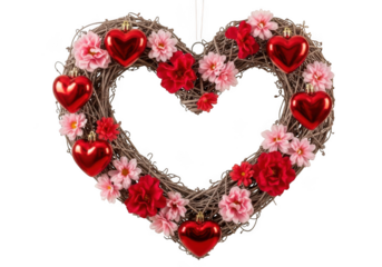 Heart-shaped wreath with red hearts and flowers on white background isolated on transparent background