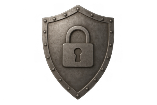 Shield with padlock representing data security, cyber protection, safe information storage, and digital privacy on transparent background