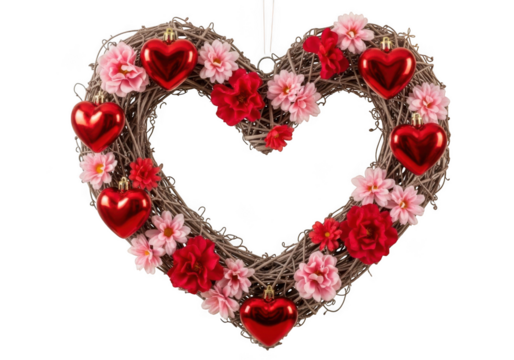 Heart-shaped wreath with red hearts and flowers on white background isolated on transparent background