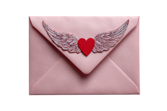 Pink envelope with a red heart and silver wings isolated on transparent background