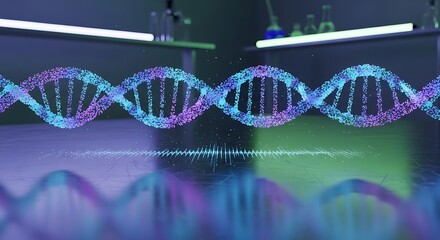 Futuristic glowing DNA helix molecule pulsating with vibrant blue and purple light in a high tech laboratory setting with scientific equipment