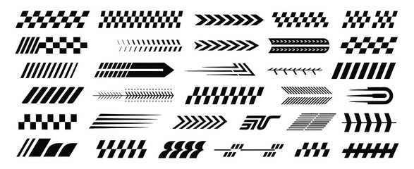Racing cars and race car stripes vector set, checkered flag, finish line graphics, motocross labels, dynamic speed lines, motorsport designs