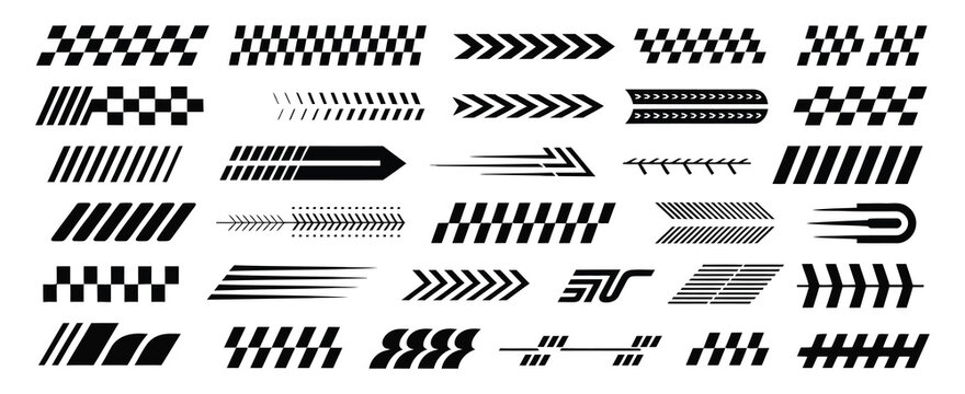 Racing cars and race car stripes vector set, checkered flag, finish line graphics, motocross labels, dynamic speed lines, motorsport designs