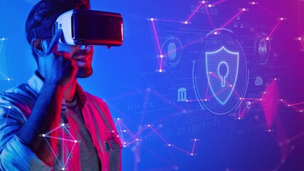 A young man engages with a virtual reality headset, exploring a digital world filled with elements of cybersecurity, innovation, and immersive experiences. Raster - Powered by Adobe