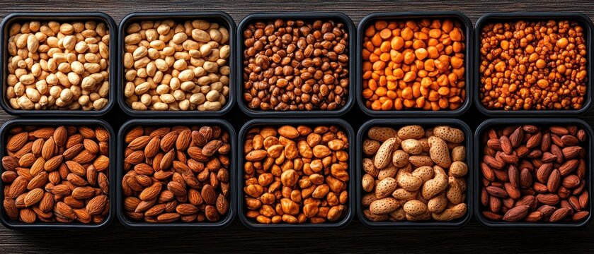 Ten containers of assorted nuts and legumes including peanuts, almonds, and lentils arranged in rows on a dark wooden surface.