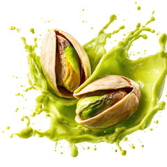 Two pistachios burst into a vibrant green liquid