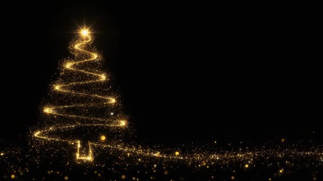 Elegant concept of a glowing Christmas tree formed by a spiral of golden sparkles and stardust on a black background for festive holiday greetings