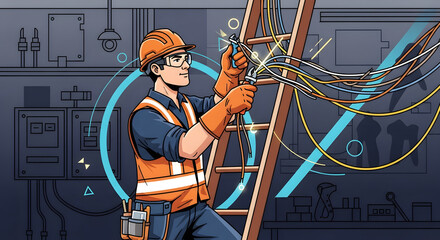 Skilled electrician diligently working on complex wiring system with tools and safety gear for industrial project