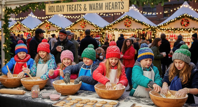 Festive family baking cookies together at a holiday market, sharing warm treats and joyful moments on a wintry day.