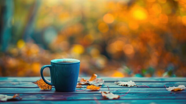 A blue coffee mug sits on a wooden table surrounded by autumn leaves. The background features blurred warm colors of fall foliage.
