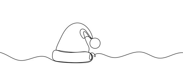 One continuous line drawing of christmas Santa Claus hat, Continuous line drawing of cap of santa. Christmas hat one line icon, vector illustration. 