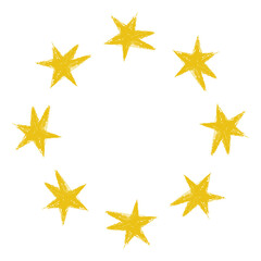 Funny stars with wax crayon texture arranged in a circular frame. Round border, naive childish design element, party decoration, invitation template on transparent background Vector illustration