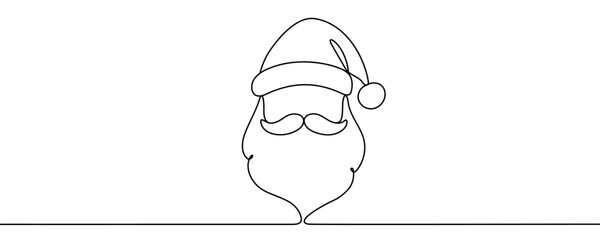 Santa Claus hat with beard and mustache in one line style. Vector graphics.