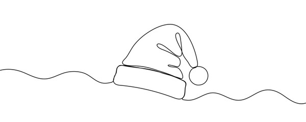 One continuous line drawing of christmas Santa Claus hat, Continuous line drawing of cap of santa. Christmas hat one line icon, vector illustration. 