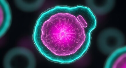 Vibrant microscopic cell pulsing with energy, showcasing intricate internal structures and glowing outer membrane, perfect for science and medical visualizations.