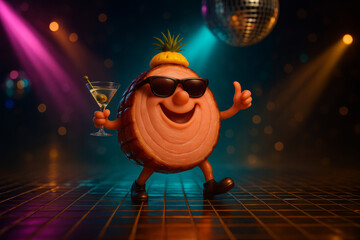 Playful dancing ham character in sunglasses holding a martini, nightclub scene