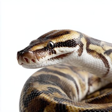 Close-up view of a patterned ball python showcasing its striking features and textures