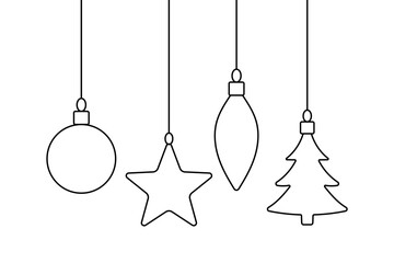 Hanging Christmas balls, Christmas tree toys. New Year's toys in one line style. Vector illustration.