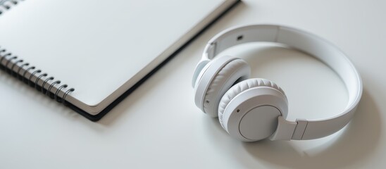 Naklejka premium White headphones resting next to a blank notebook on a clean surface.