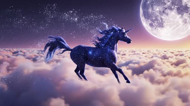 Celestial Unicorn with a Starry Coat Galloping Above the Clouds.