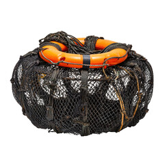Buoy covered in dark netting, topped by orange life ring