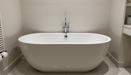 Fototapeta premium Modern freestanding bathtub in a sleek bathroom setting with neutral tones.