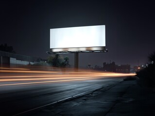 Empty Billboard at Night with Light Trails from Passing Cars Creating a Dynamic Urban Scene