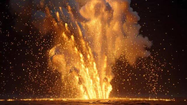 Explosion with bright orange flames and sparks against a dark background.