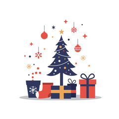 Festive Christmas holiday flat design illustration. A joyful scene with a decorated tree, wrapped gifts, and colorful ornaments, perfect for seasonal greetings