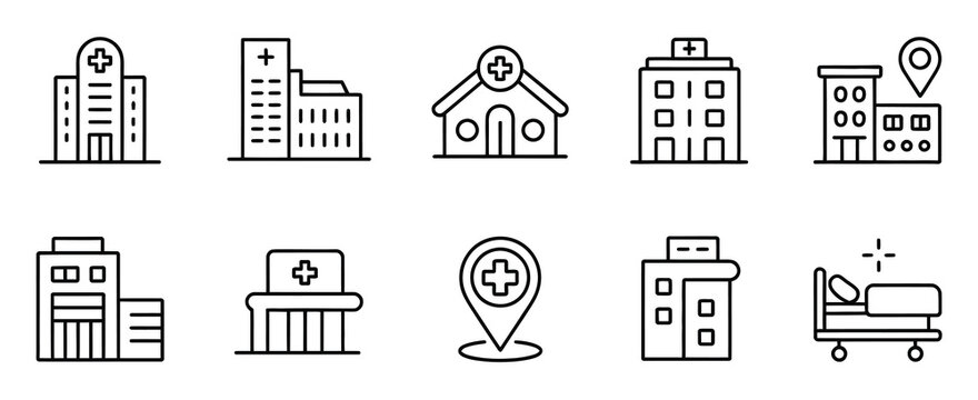 medical hospital and clinic buildings icon collection, health care construction business concept, medic aid cross vector outline sign illustration, ideal for healthcare systems, medical facility plan.