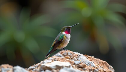 Fototapeta premium Colorful hummingbird perched on a rock with blurred green background.