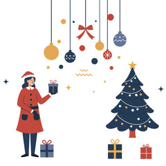Christmas celebration scene with a woman holding a gift next to a decorated Christmas tree with ornaments