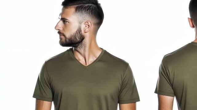 A man poses wearing a fitted olive green t-shirt, displaying both the front and back views. The background is plain, enhancing the shirt's design and fit.