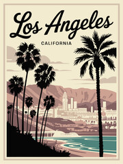 Mid-century linocut travel poster of Los Angeles, USA, featuring palm trees, hills in beige and teal, cursive “Los Angeles” text, and minimalist vintage California design