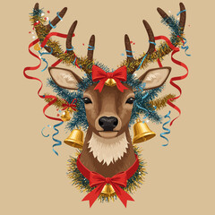 Festive deer head illustration adorned with sparkling tinsel, golden bells, and vibrant bows, embodying the spirit of winter holidays and joyful celebrations