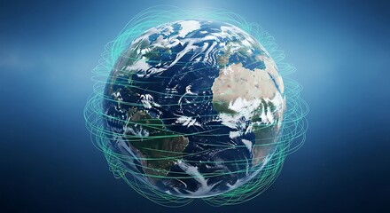 Stunning digital rendering of Earth with vibrant, interconnected global network lines symbolizing connectivity, data flow, and modern communication across the planet.
