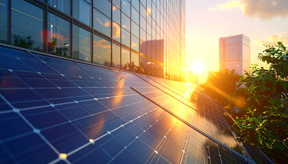 Solar Panels in Urban Landscape: A close-up view of solar panels set against a modern office building, reflecting sustainable energy in the heart of the city during sunset.
