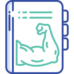 Icon of a fitness journal or notebook open to a page displaying a stylized illustration of a muscular arm in teal outline on a white background with a transparent outer background