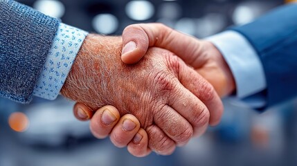 Two men in business attire shaking hands, signifying a deal, agreement, or partnership.