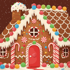 A whimsical and festive gingerbread house, beautifully adorned with colorful candies, sweet icing, and a sugary snowfall, creating a magical winter holiday scene perfect for celebrations
