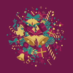 Joyful holiday celebration concept with a vibrant circular arrangement of Christmas gifts, bells, and festive decorations