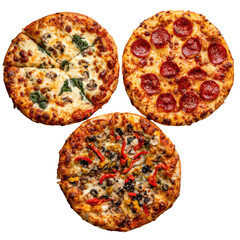 Three pizzas spinach, pepperoni, and veggie on crispy crusts