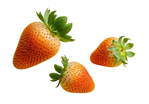 Three fresh isolated orange-pink pineberries with green caps isolated on transparent background