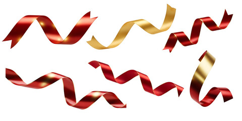 Colorful red and gold ribbons in various shapes and designs isolated on transparent background