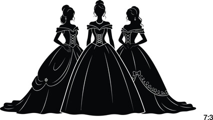 Ball gown silhouette illustration, elegant fashion vector, formal dress design, bridal wear concept, stylish women pose, decorative evening attire art