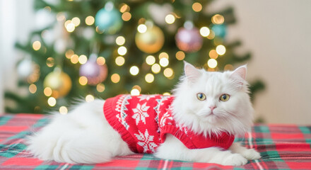 Fluffy white cat wearing a festive red sweater, relaxing on a tartan blanket in front of a brightly decorated Christmas tree.
