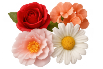 Colorful flowers bouquet including red rose, pink camellia, white daisy, and orange blooms on transparent background