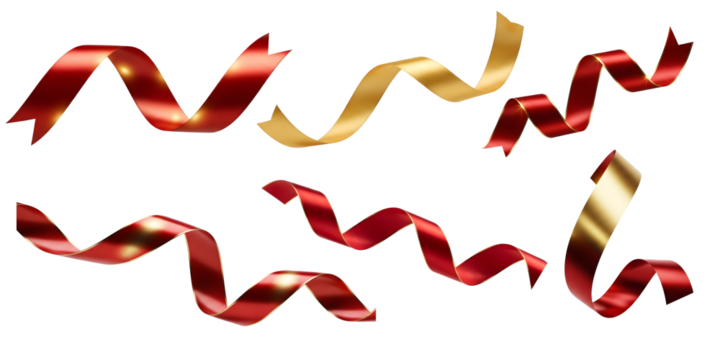 Colorful red and gold ribbons in various shapes and designs  isolated on transparent background	
