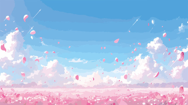 Cielo azul vibrante con p&eacute;talos de flores rosadas cayendo en un campo id&iacute;lico.